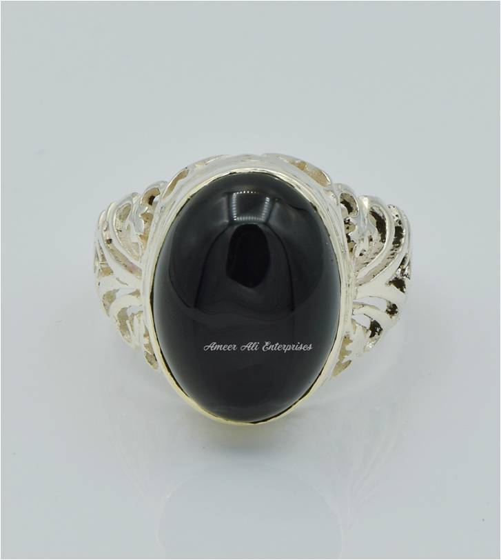 AAE 7805 Chandi Ring 925, Stone: Black Aqeeq