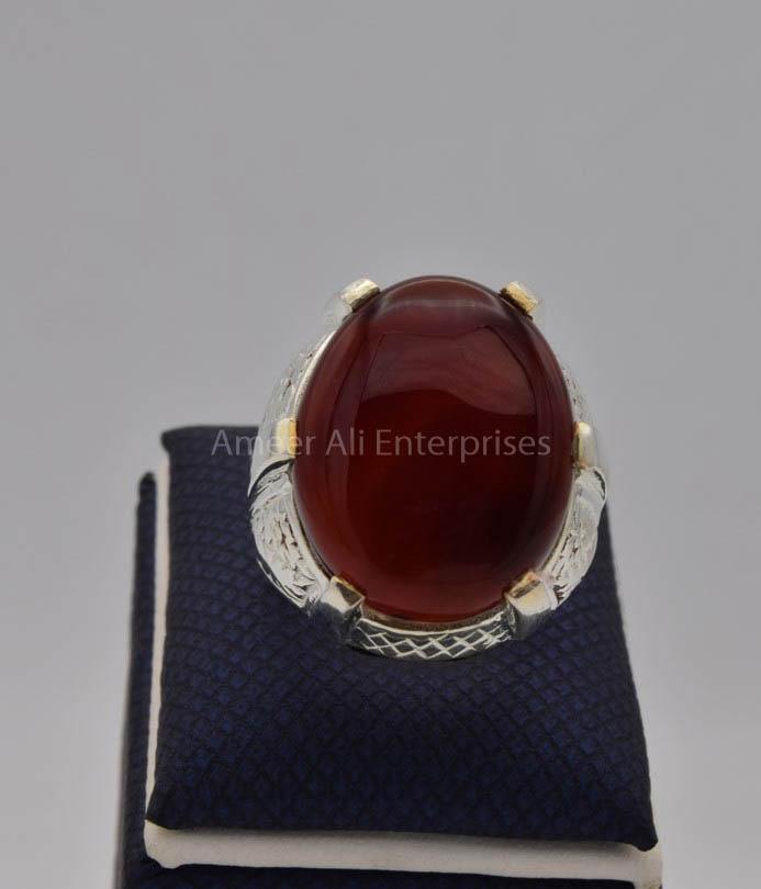 AAE 9107 Chandi Ring 925, Stone: Yamni Aqeeq - AmeerAliEnterprises
