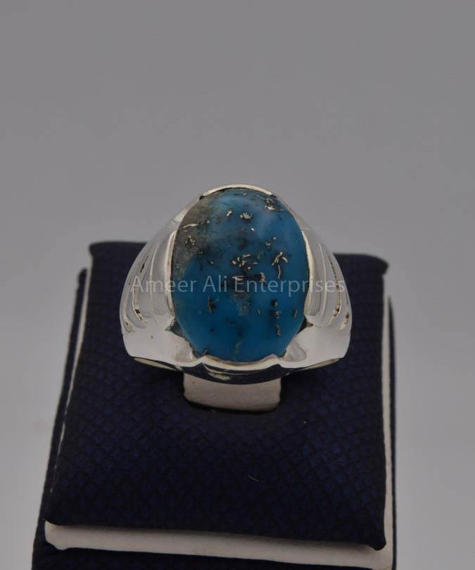 AAE 7731 Chandi Ring 925, Stone: Shajri Feroza (Turquoise) - AmeerAliEnterprises