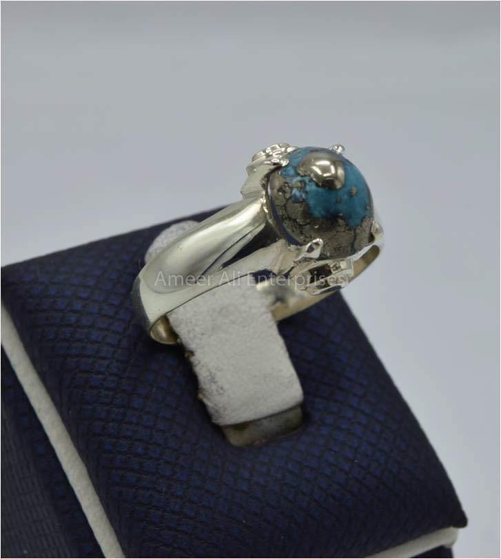 AAE 5853 Chandi Ring 925, Stone: Shajri Feroza - AmeerAliEnterprises