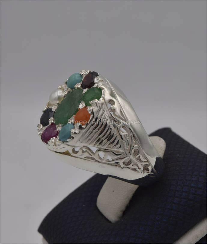 AAE 2255 Chandi Ring, Stone: Navratan (Nine Original Stones) - AmeerAliEnterprises