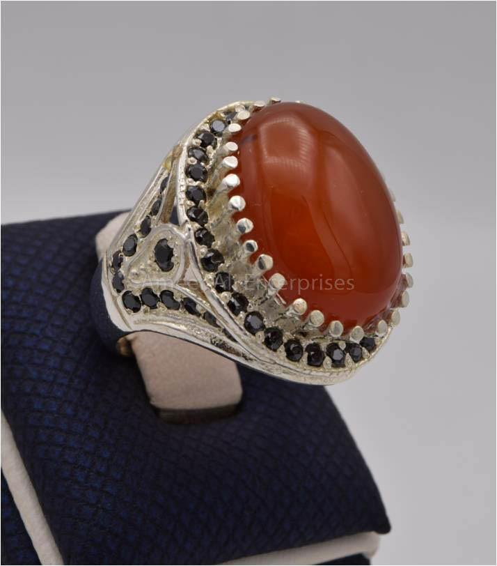 AAE 4372 Chandi Ring 925, Stone: Red Aqeeq - AmeerAliEnterprises