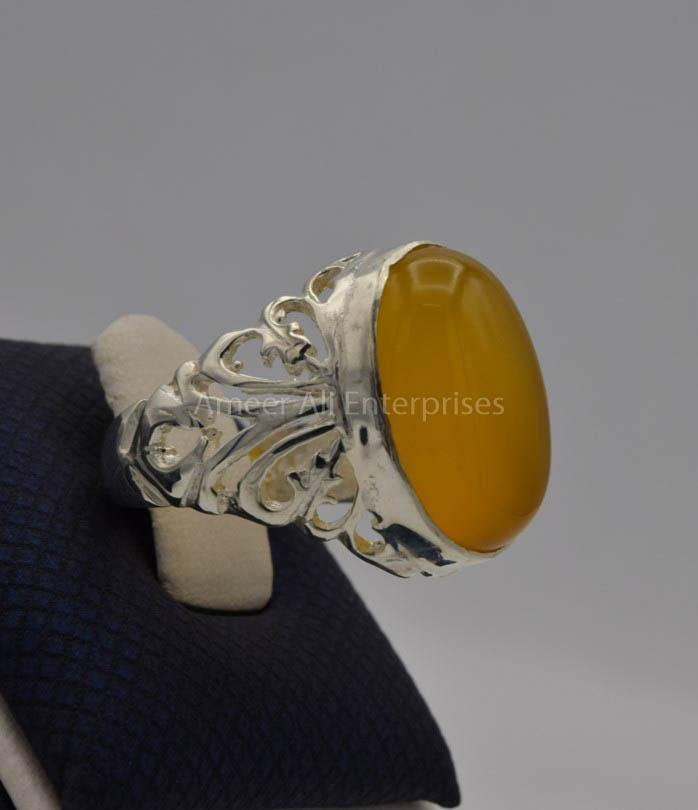 AAE 6525 Chandi Ring 925, Stone: Yellow Aqeeq - AmeerAliEnterprises