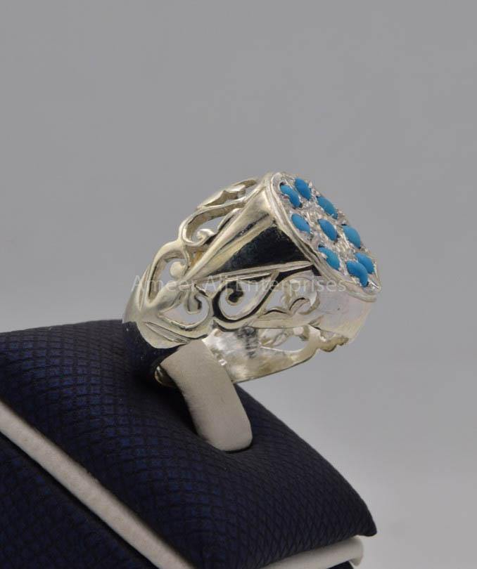 AAE 9143 Chandi Ring 925, Stone: Feroza (Turquoise) - AmeerAliEnterprises