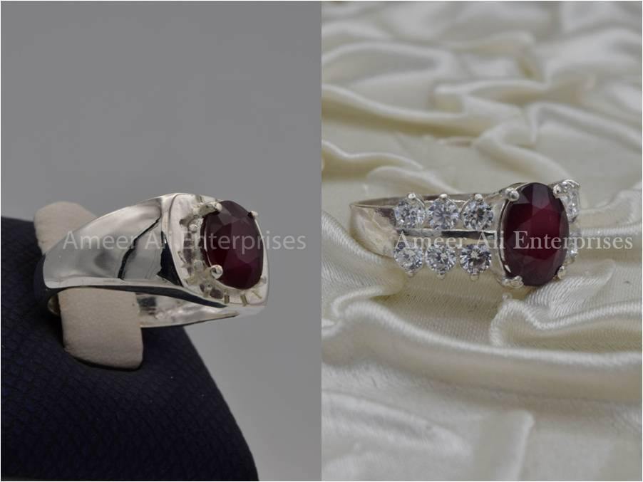 Silver Couple Rings: Pair 66, Stone: Ruby (Yaqoot) - AmeerAliEnterprises