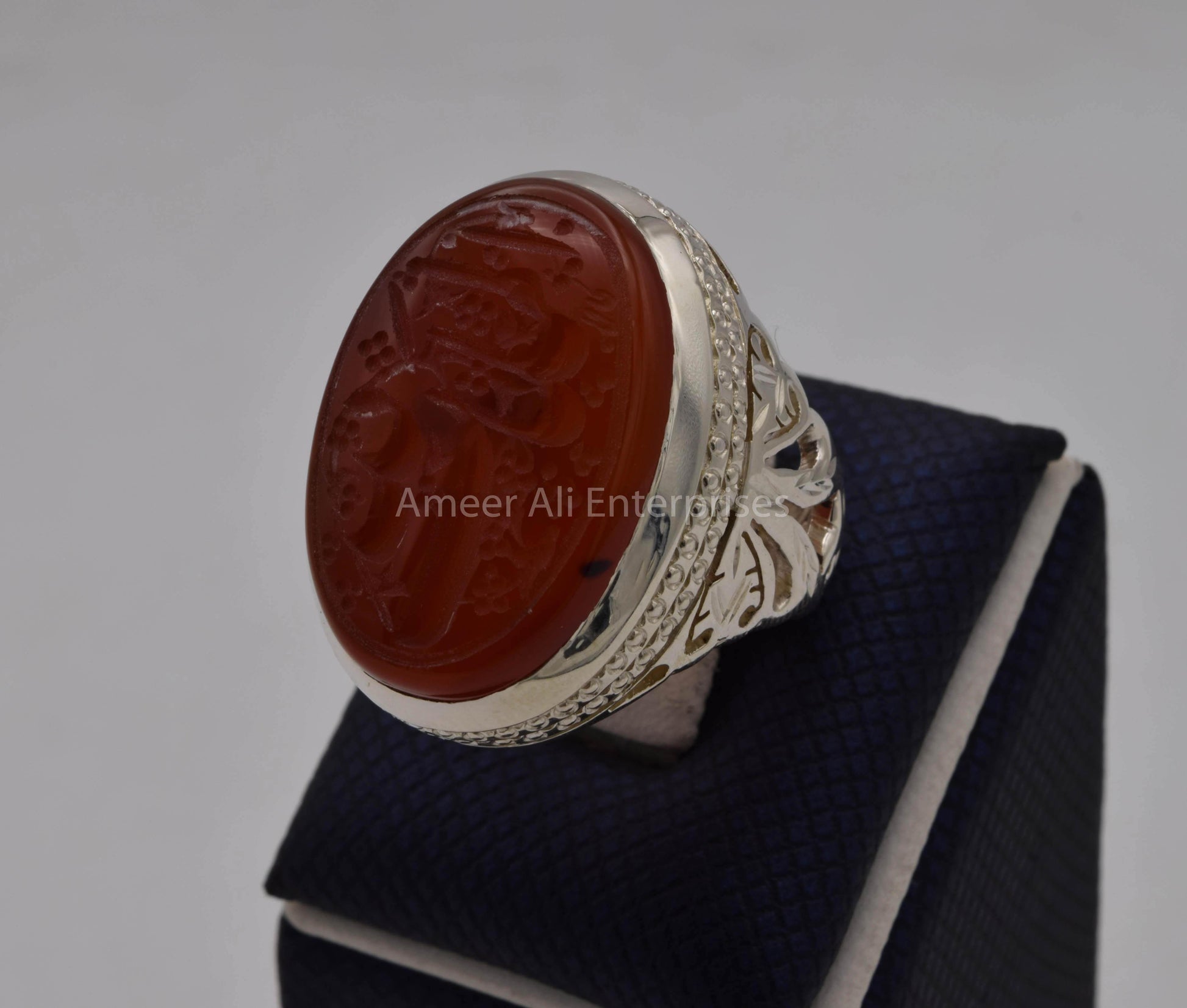 AAE 5699 Chandi Ring 925, Stone: Yamni Aqeeq (Engraved) - AmeerAliEnterprises
