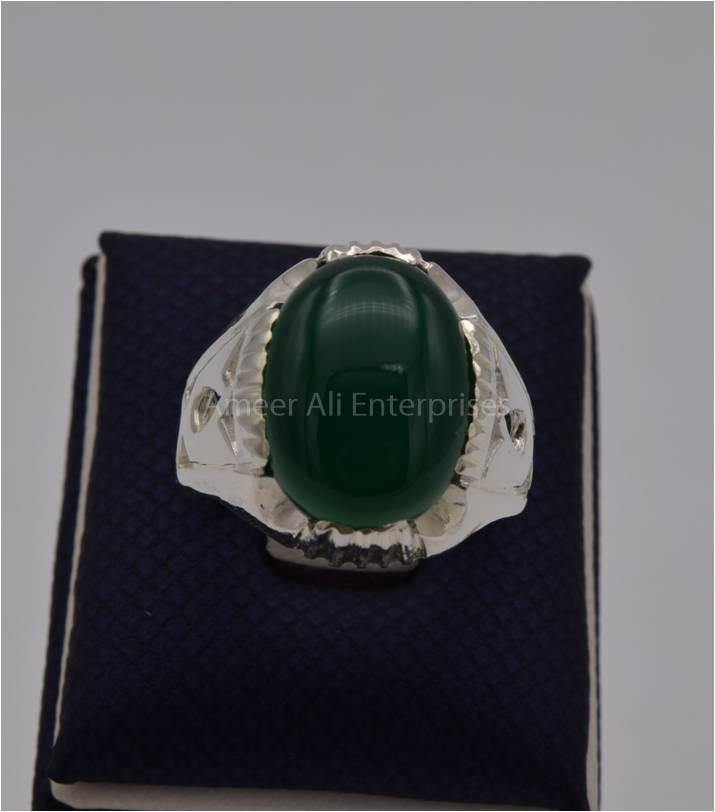 AAE 3111 Chandi Ring 925, Stone: Green Aqeeq - AmeerAliEnterprises