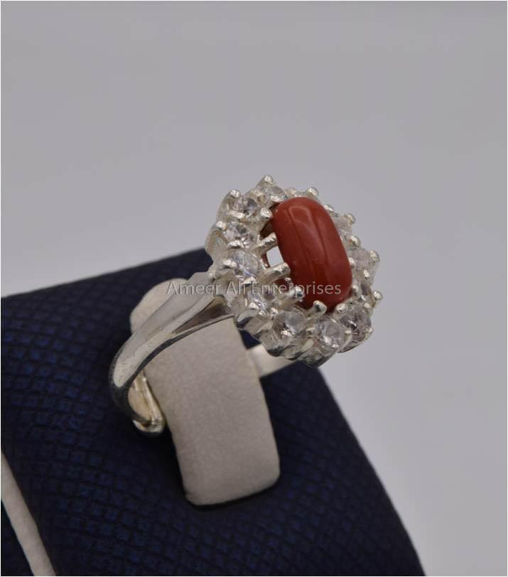 AAE 1218 Chandi Ring 925, Stone: Marjan (Coral) - AmeerAliEnterprises