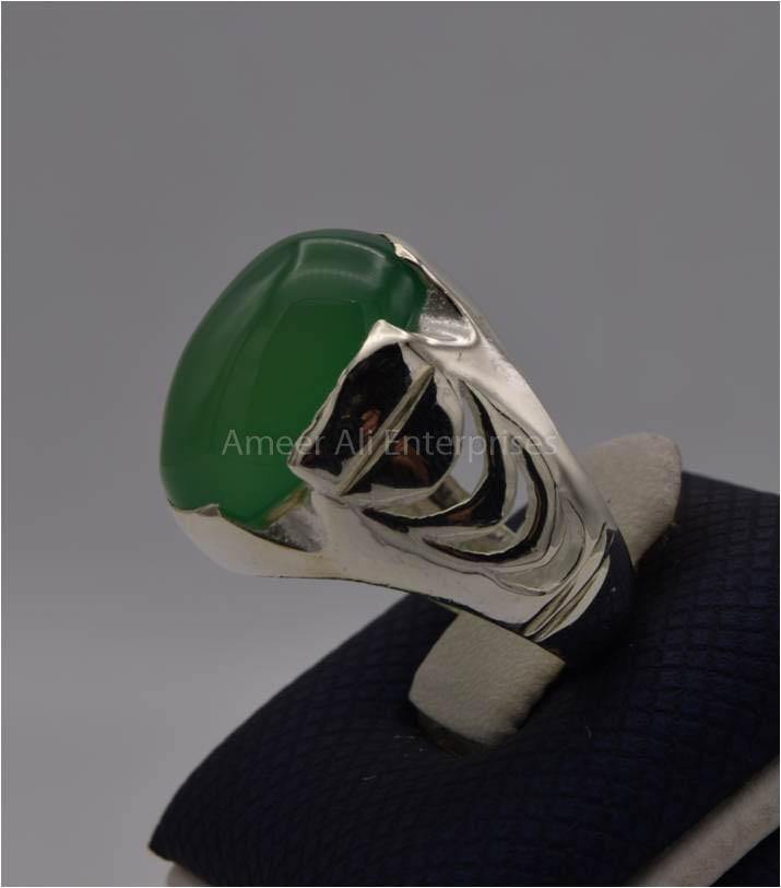 AAE 3120 Chandi Ring 925, Stone: Green Aqeeq - AmeerAliEnterprises