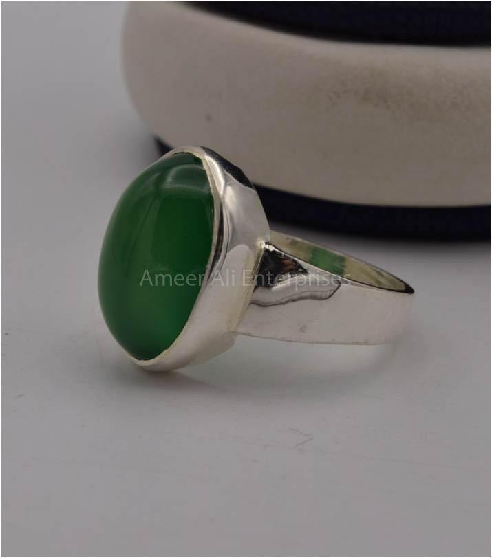 AAE 3121 Chandi Ring 925, Stone: Green Aqeeq - AmeerAliEnterprises