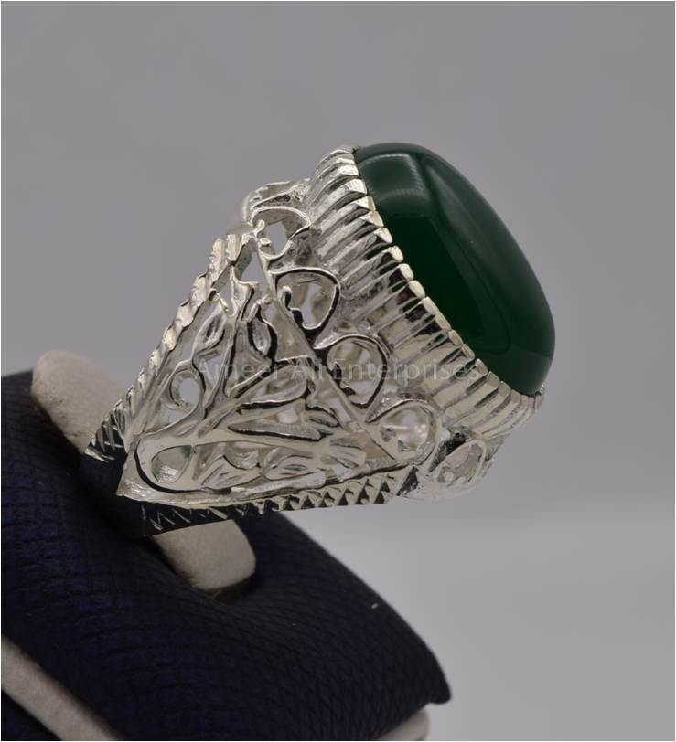 AAE 3112 Chandi Ring 925, Stone: Green Aqeeq - AmeerAliEnterprises