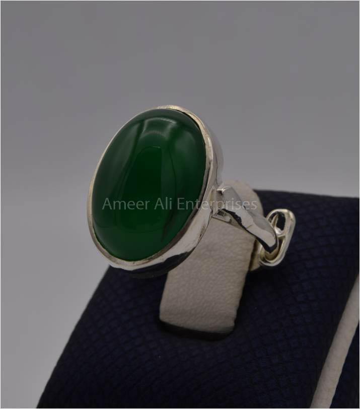 AAE 3113 Chandi Ring 925, Stone: Green Aqeeq - AmeerAliEnterprises