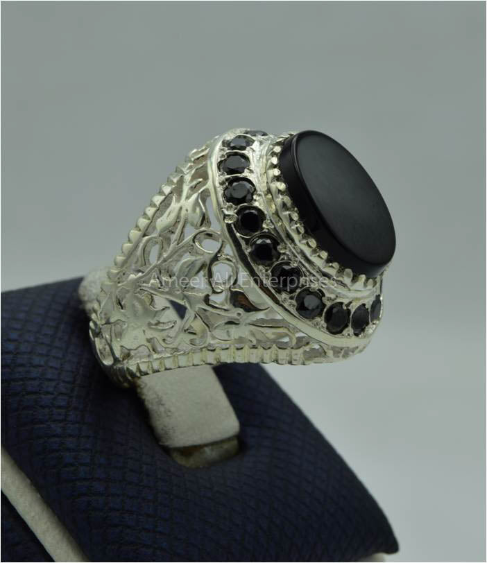 AAE 6679 Chandi Ring 925, Stone: Black Aqeeq