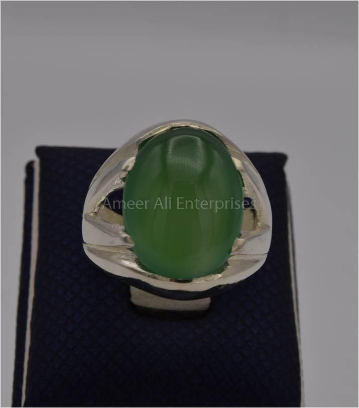 AAE 3118 Chandi Ring 925, Stone: Green Aqeeq - AmeerAliEnterprises