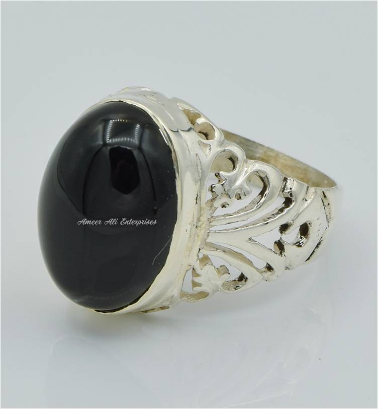 AAE 7805 Chandi Ring 925, Stone: Black Aqeeq