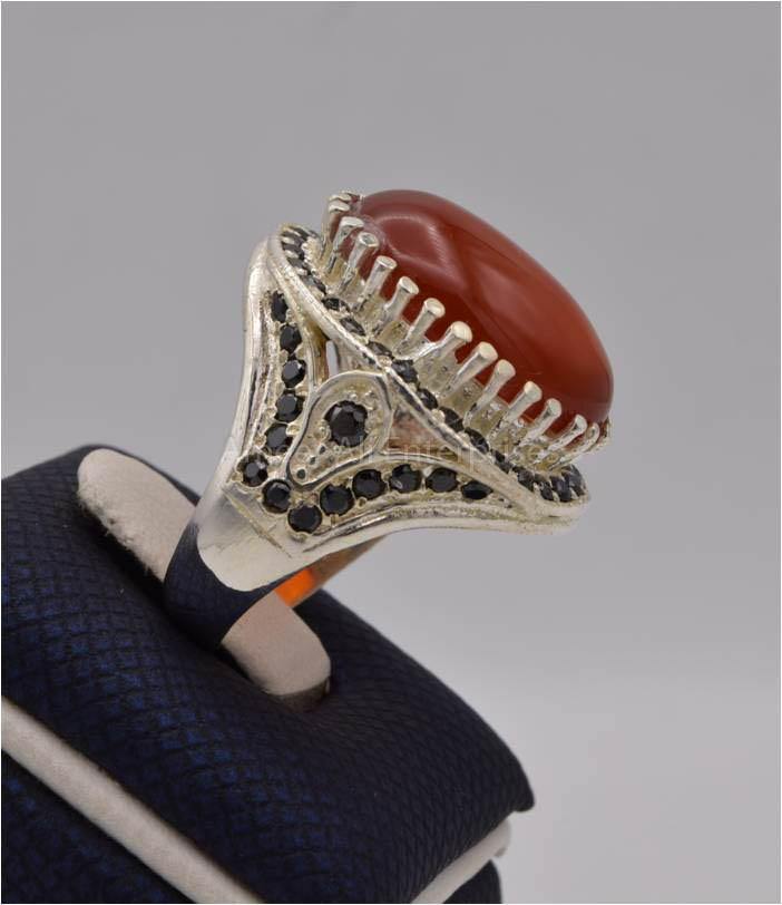 AAE 4372 Chandi Ring 925, Stone: Red Aqeeq - AmeerAliEnterprises