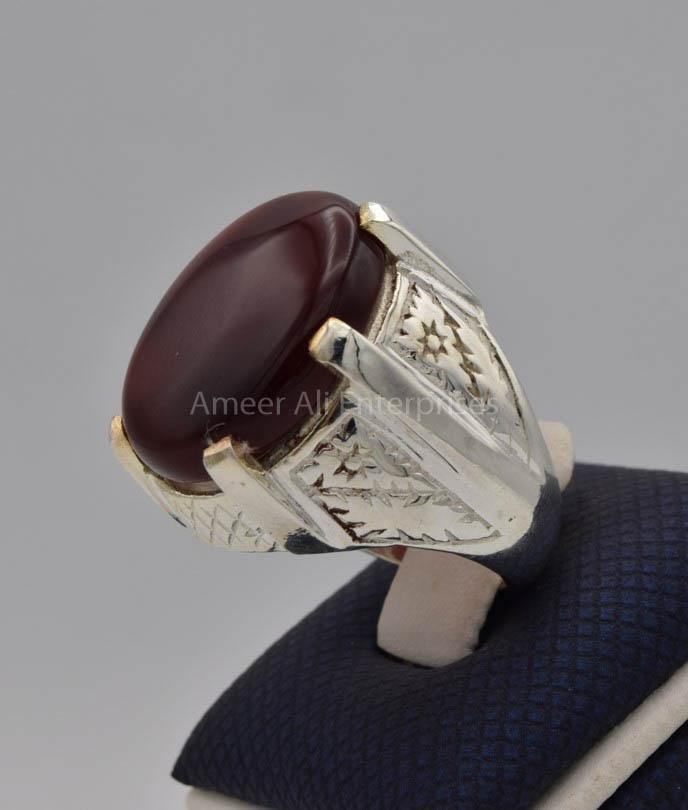 AAE 9107 Chandi Ring 925, Stone: Yamni Aqeeq - AmeerAliEnterprises