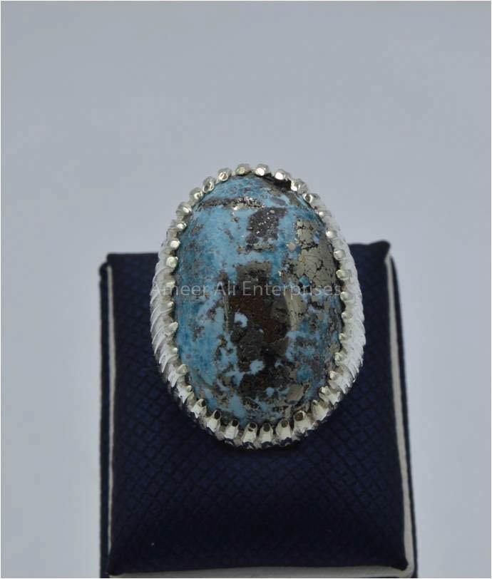AAE 5822 Chandi Ring 925, Stone: Shajri Feroza - AmeerAliEnterprises