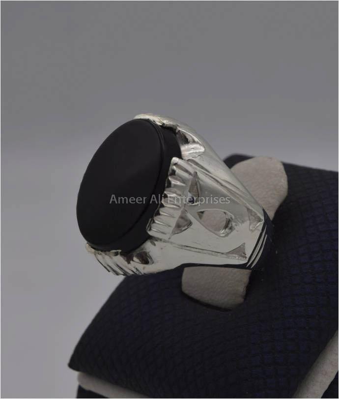 AAE 9591 Chandi Ring 925, Stone: Black Aqeeq - AmeerAliEnterprises