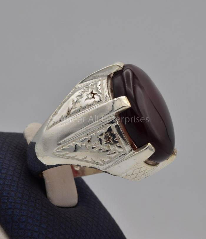 AAE 9107 Chandi Ring 925, Stone: Yamni Aqeeq - AmeerAliEnterprises