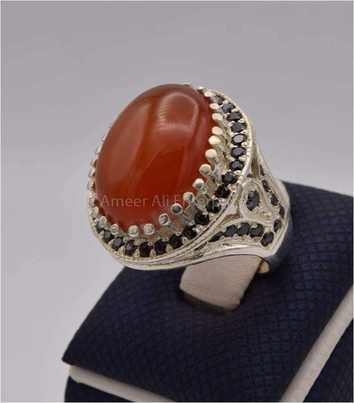 AAE 4372 Chandi Ring 925, Stone: Red Aqeeq - AmeerAliEnterprises