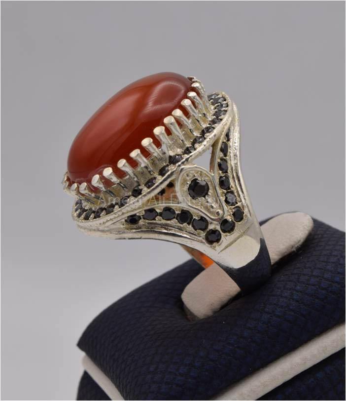 AAE 4372 Chandi Ring 925, Stone: Red Aqeeq - AmeerAliEnterprises