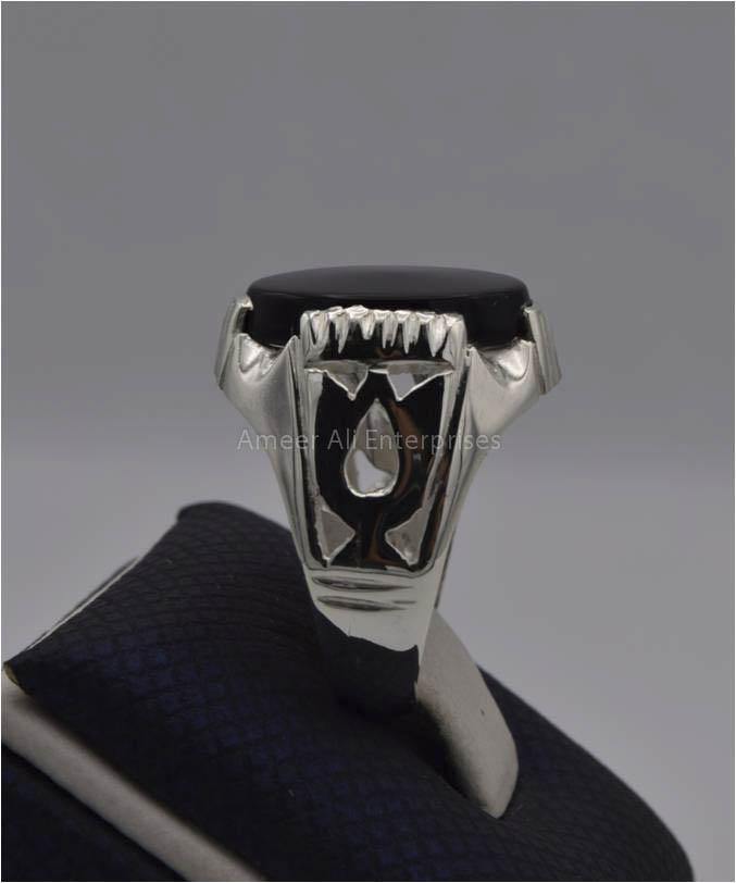 AAE 9591 Chandi Ring 925, Stone: Black Aqeeq - AmeerAliEnterprises