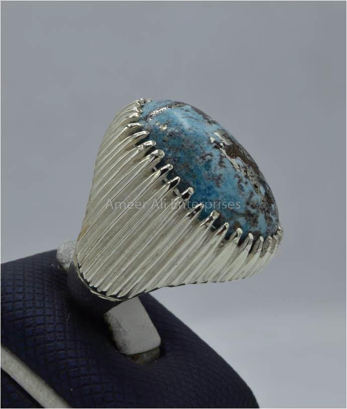 AAE 5822 Chandi Ring 925, Stone: Shajri Feroza - AmeerAliEnterprises
