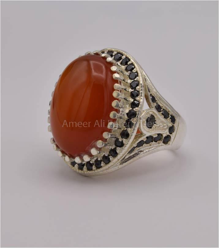 AAE 4372 Chandi Ring 925, Stone: Red Aqeeq - AmeerAliEnterprises