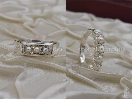 Silver Couple Rings: Pair 29,  Stone: Pearl - AmeerAliEnterprises