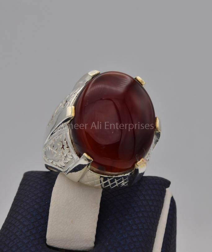 AAE 9107 Chandi Ring 925, Stone: Yamni Aqeeq - AmeerAliEnterprises