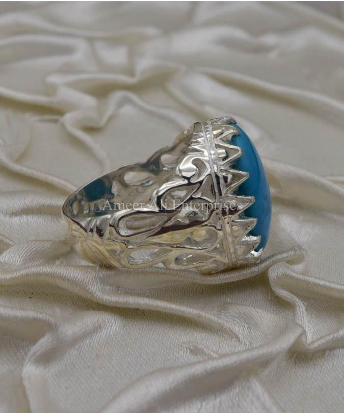 AAE 1909 Chandi Ring 925, Stone: Feroza (Turquoise) - AmeerAliEnterprises
