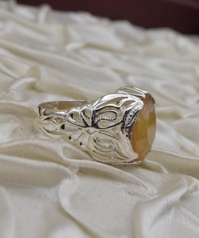 AAE 0319 Chandi Ring 925, Stone: Yellow Sapphire (Pukhraj) - AmeerAliEnterprises
