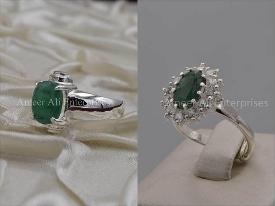 Silver Couple Rings: Pair 7, Stone: Emerald - AmeerAliEnterprises