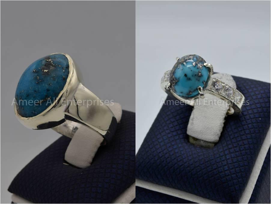 Silver Couple Rings: Pair 136,  Stone: Shajri Feroza - AmeerAliEnterprises