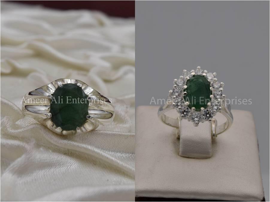 Silver Couple Rings: Pair 8,  Stone: Emerald - AmeerAliEnterprises