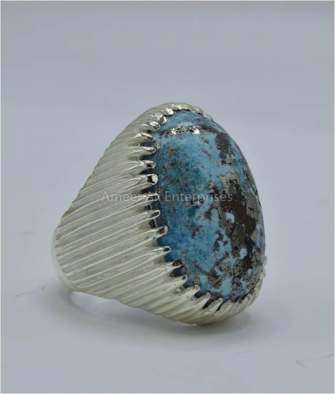 AAE 5822 Chandi Ring 925, Stone: Shajri Feroza - AmeerAliEnterprises