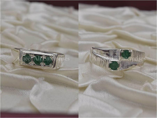 Silver Couple Rings: Pair 28,  Stone: Emerald - AmeerAliEnterprises