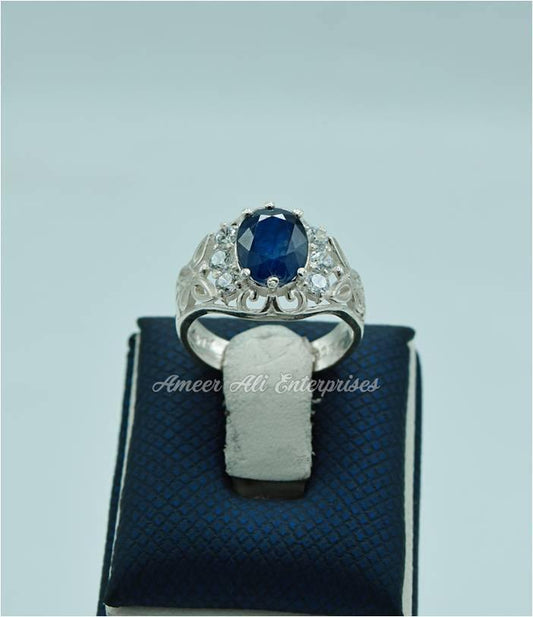 AAE 0543 Chandi Ring 925, Stone: Blue Sapphire (Neelam) - AmeerAliEnterprises