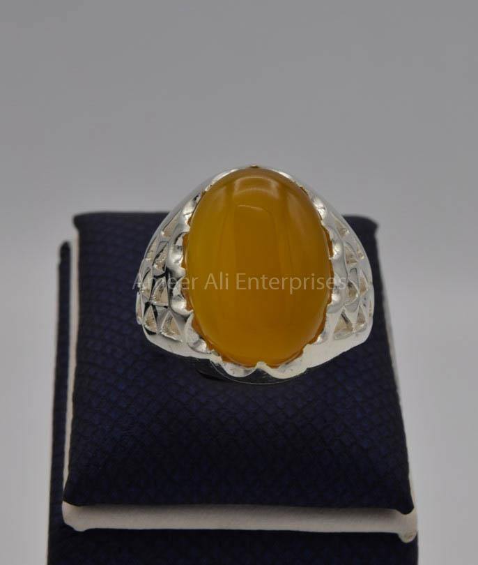 AAE 6533 Chandi Ring 925, Stone: Yellow Aqeeq - AmeerAliEnterprises
