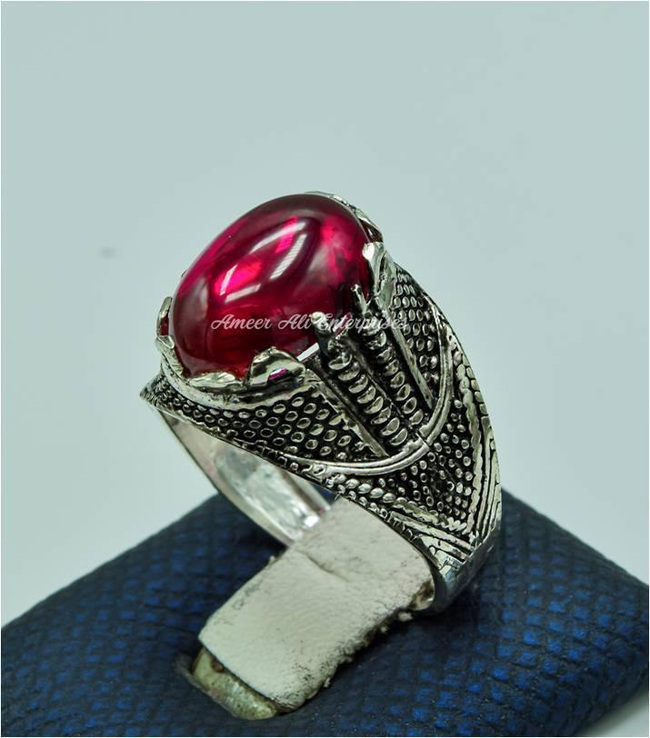 AAE 6773 CHANDI RING 925, STONE: IRANI POOTA YAQOOT (ANARI YAQOOT) - AmeerAliEnterprises