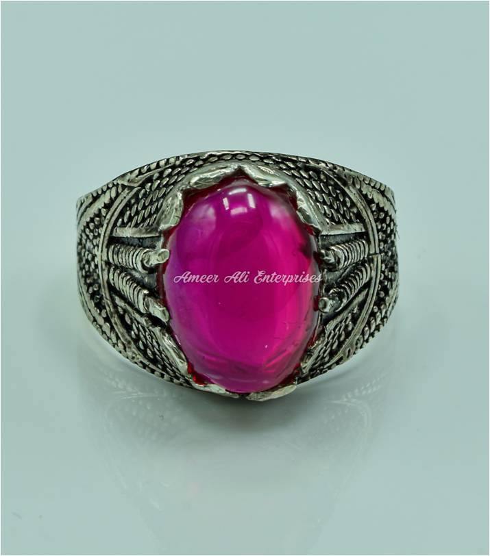 AAE 6773 CHANDI RING 925, STONE: IRANI POOTA YAQOOT (ANARI YAQOOT) - AmeerAliEnterprises