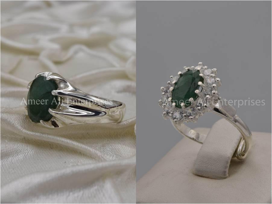 Silver Couple Rings: Pair 8,  Stone: Emerald - AmeerAliEnterprises