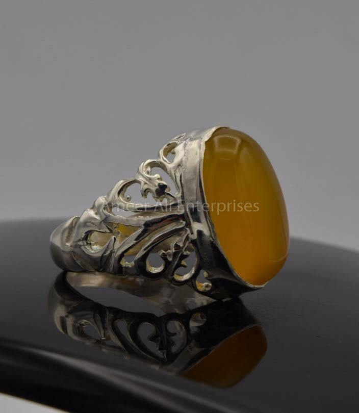 AAE 6525 Chandi Ring 925, Stone: Yellow Aqeeq - AmeerAliEnterprises