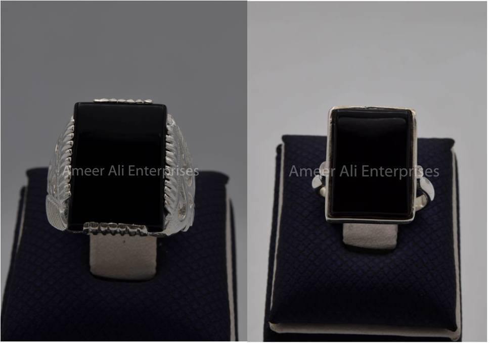 Silver Couple Rings: Pair 88,  Stone: Black Aqeeq (Agate) - AmeerAliEnterprises