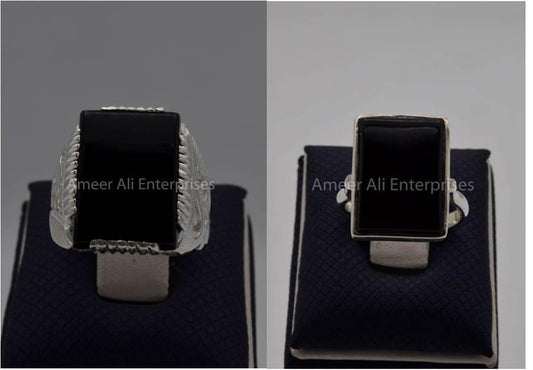 Silver Couple Rings: Pair 88,  Stone: Black Aqeeq (Agate) - AmeerAliEnterprises