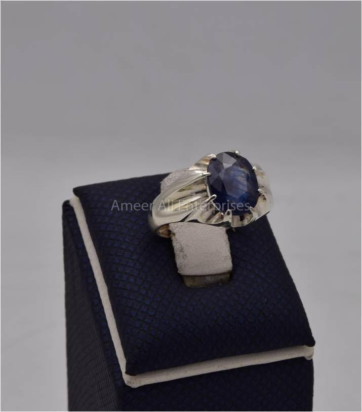 AAE 9813 Chandi Ring 925, Stone: Blue Sapphire (Neelam) - AmeerAliEnterprises