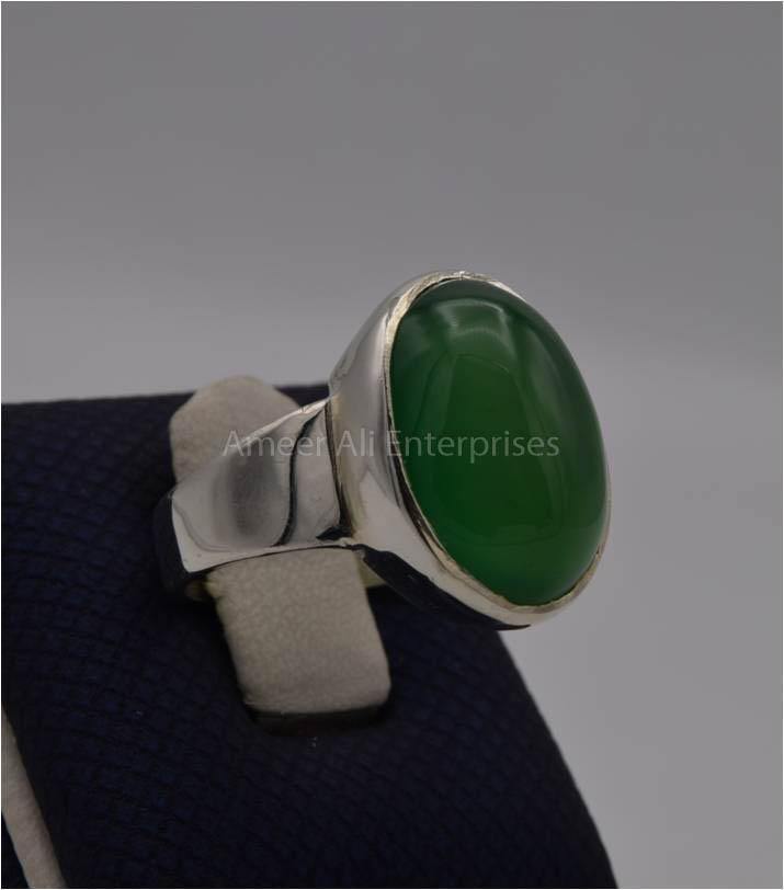 AAE 3121 Chandi Ring 925, Stone: Green Aqeeq - AmeerAliEnterprises