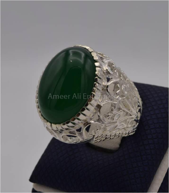 AAE 3112 Chandi Ring 925, Stone: Green Aqeeq - AmeerAliEnterprises