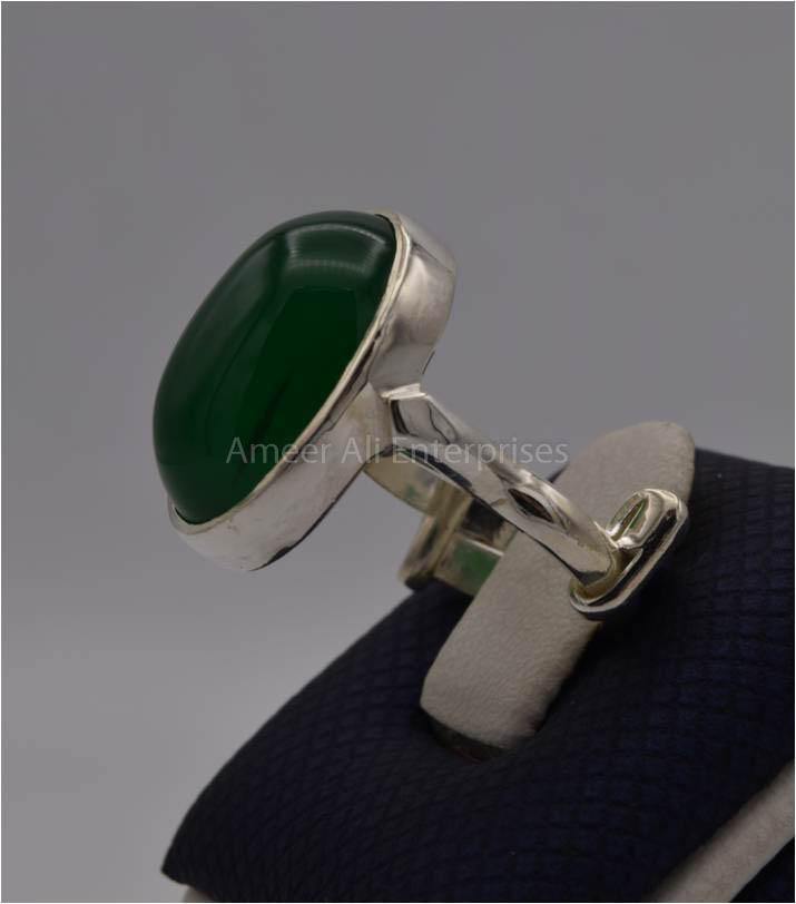 AAE 3113 Chandi Ring 925, Stone: Green Aqeeq - AmeerAliEnterprises